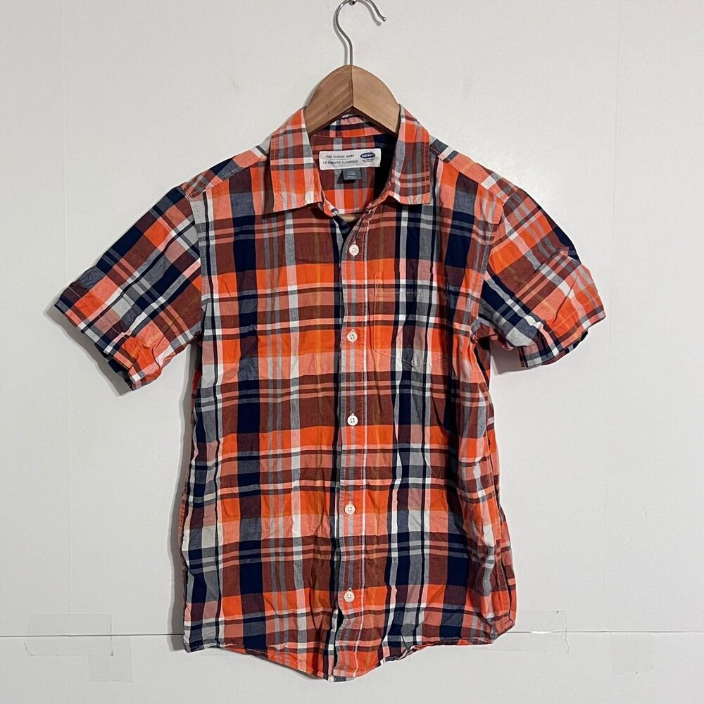 Old Navy Boys Shirt Size L (10/12) Orange Plaid Classic Short Sleeve Button Up